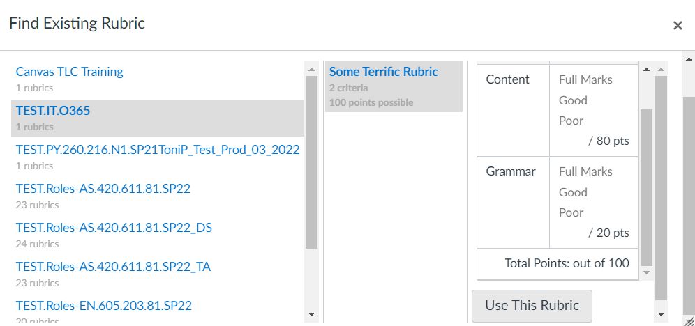 Use This Rubric Search for the Existing Rubric to associated with the Assignment before adding the VoiceThread component.