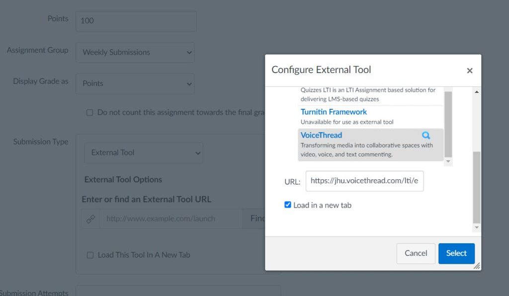 Add External Tool to Assignment Go back and edit the Assignment changing the submission type to External Tool.
