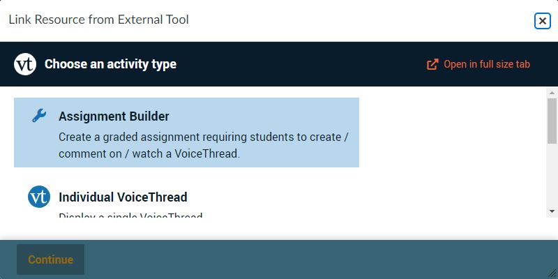 Assignment Builder The VoiceThread window will open. Select Assignment Builder.